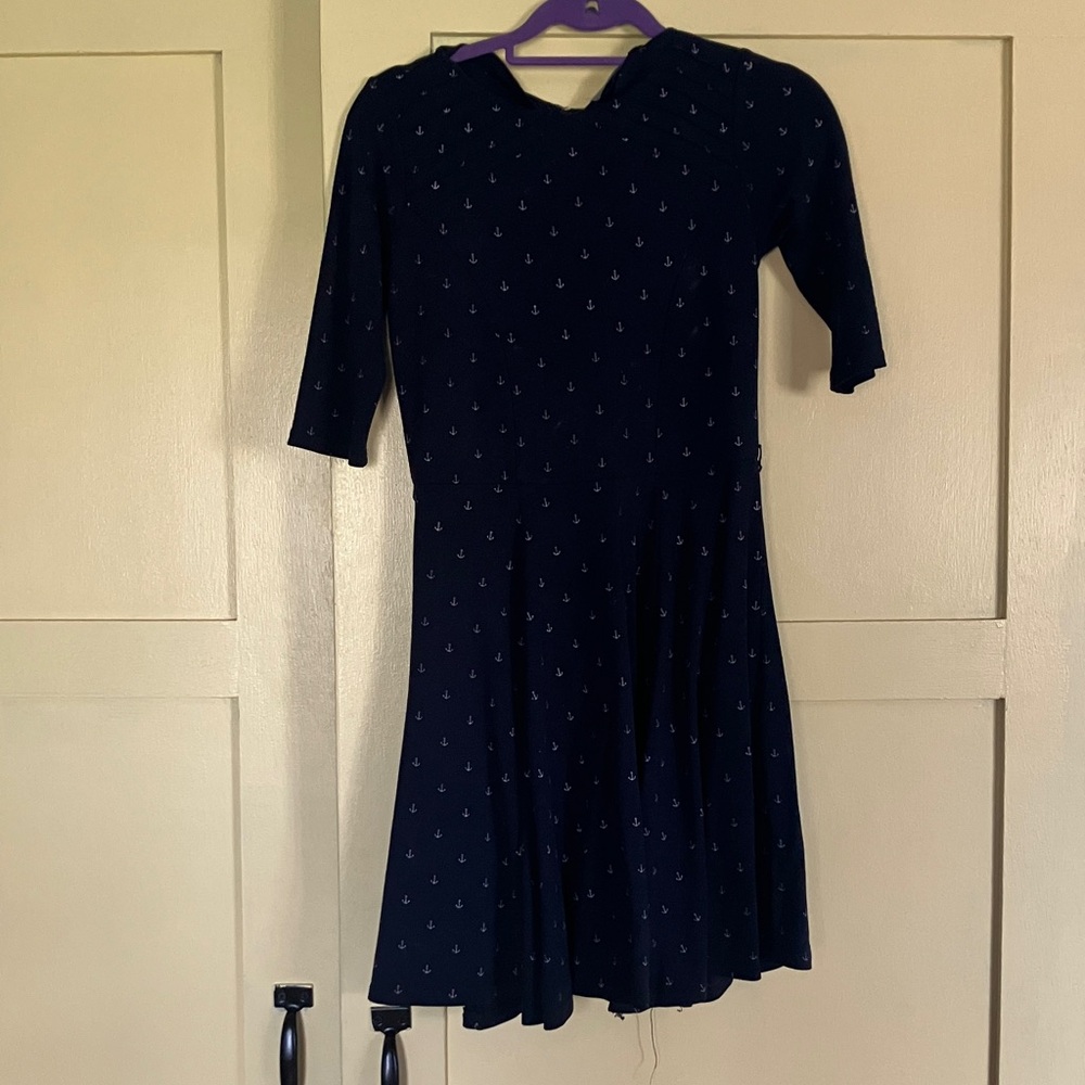 Unique Vintage Navy Anchor Print Long Sleeve Fit-and-Flare Dress